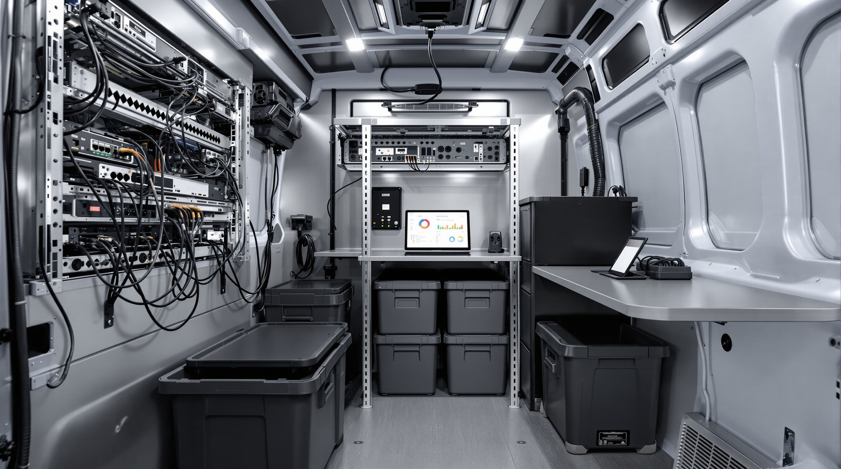 L'intérieur du van: rack d'équipement, tablette, batteries, bacs de rangement